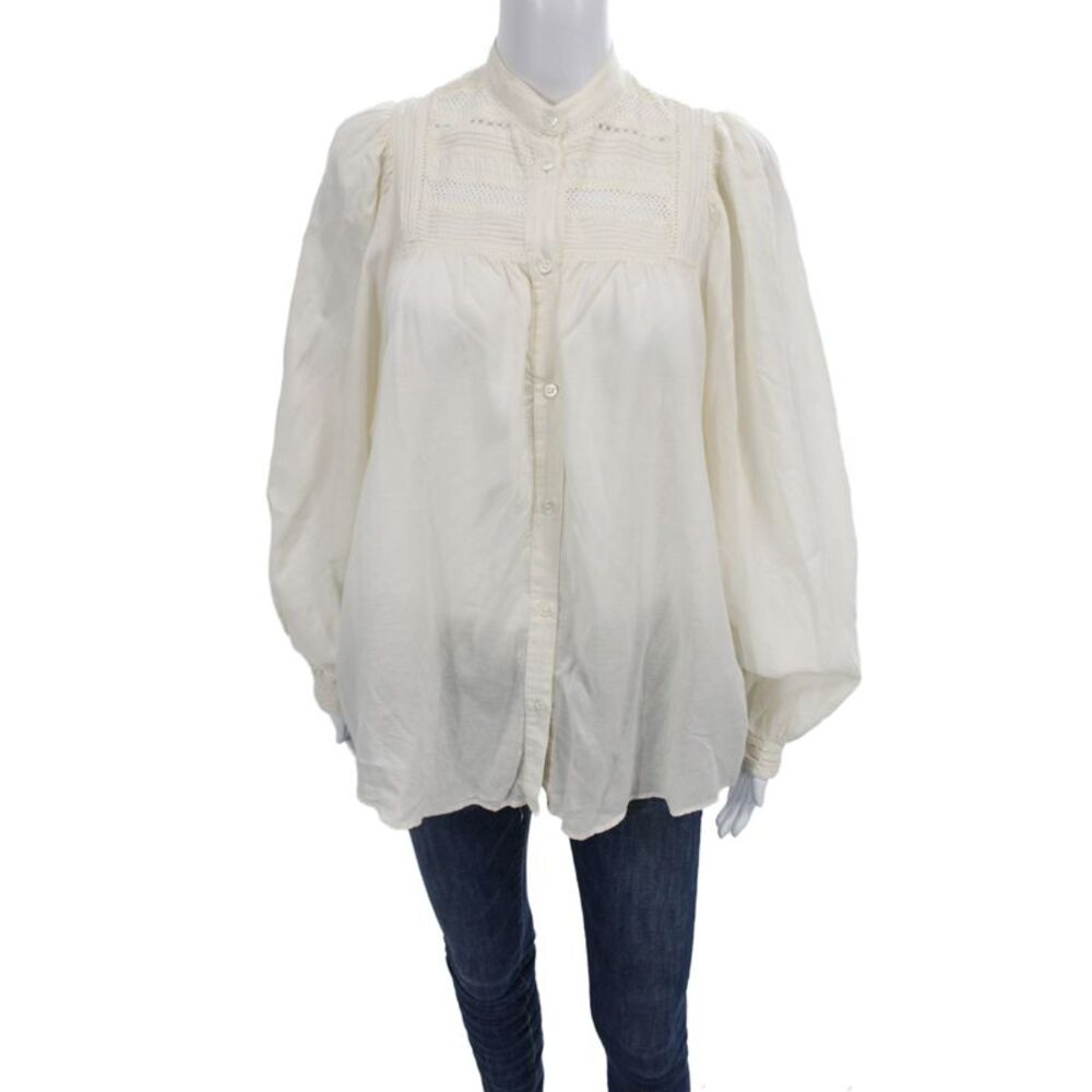 Vanessa Bruno Women Cotton Ivory High Neck Long Sleeve Blouse Size 40